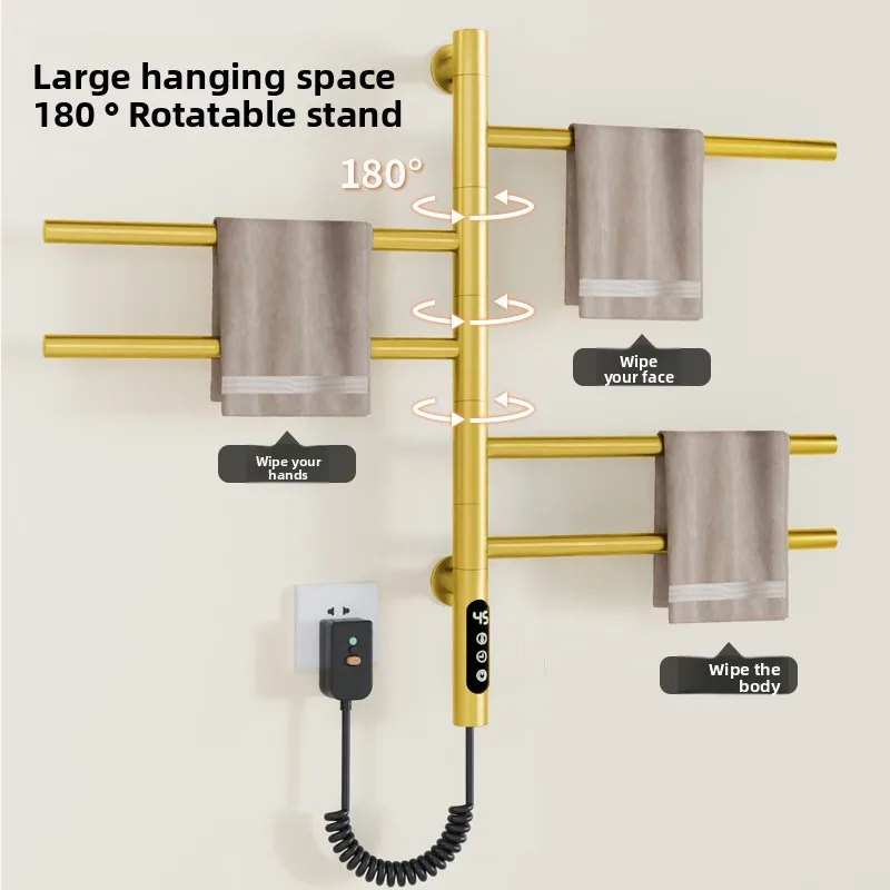 Smart Rotating Towel Warmer Gold No-Drill Sterilizing Dryer Quick Dry Bathroom Rack Luxury Home Hygienic Heated Towel Rail