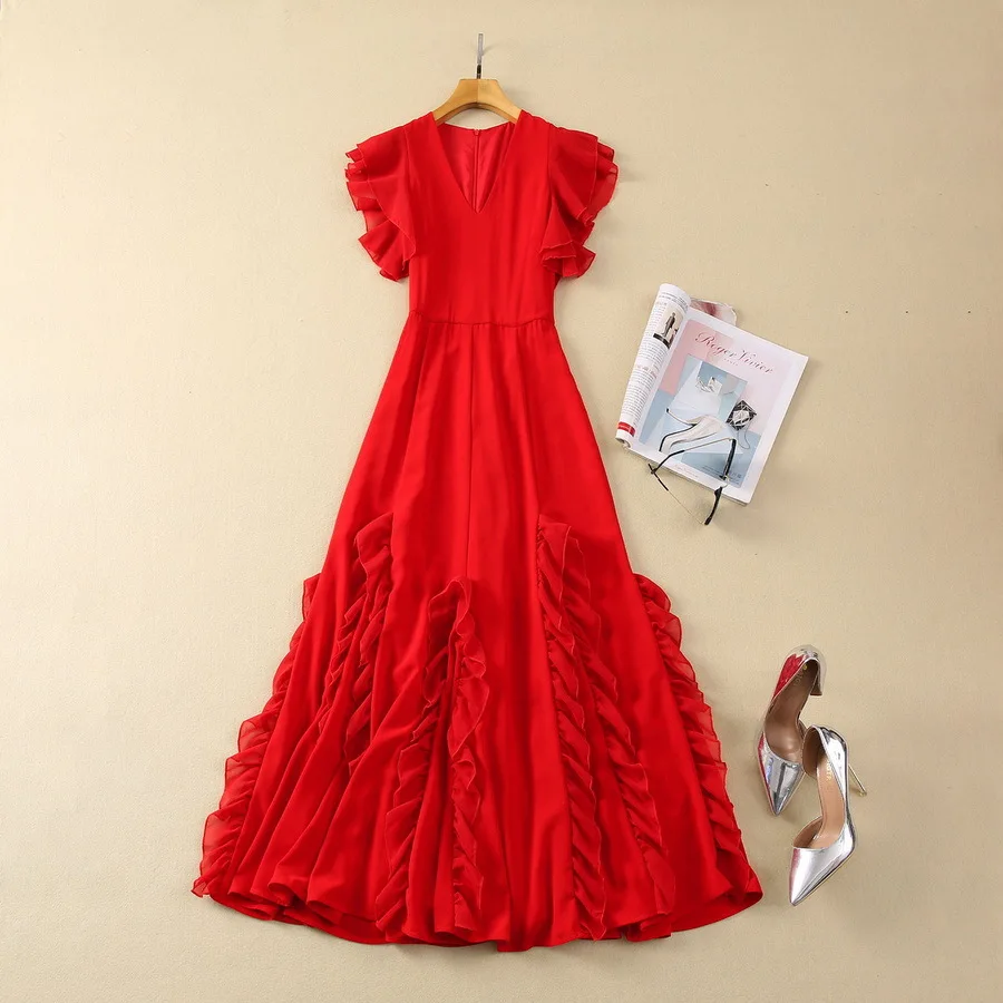 

European and American women's clothes 2024 spring new Sleeveless V-neck red Fashion Pleated wooden ear edging dress XXL