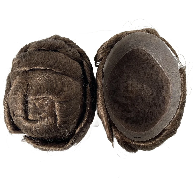 أنظمة الشعر البشري البرازيلي العذراء # 18 لون بني فاتح 32 مم Wave AUS Unit 8x10 دانتيل مع شعر مستعار PU للرجال البيض #3