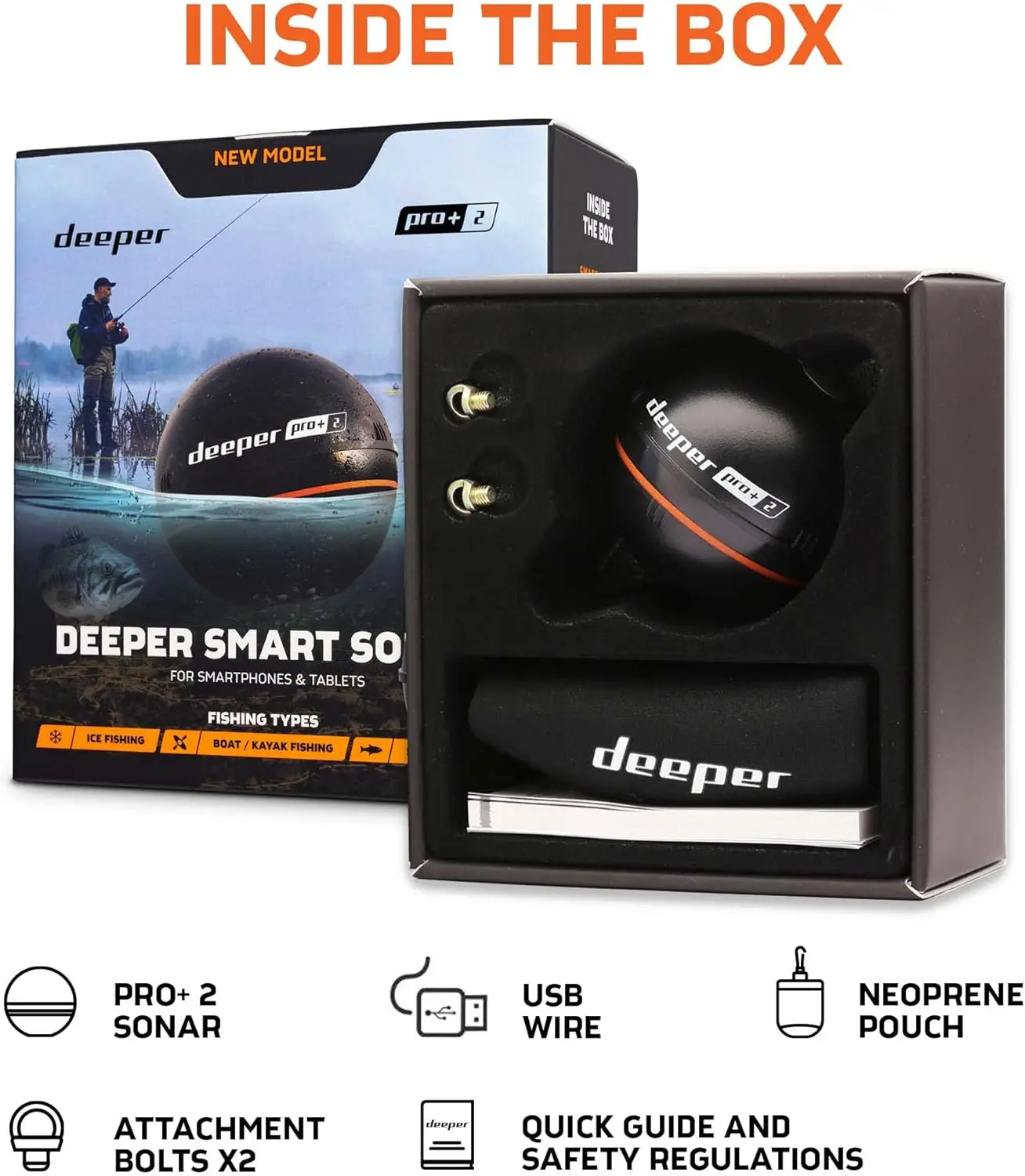 Deeper PRO+ 2 Sonar Fish Finder - Portable Fish Finder and Depth Finder for Kayaks, Boats and Ice Fishing with GPS Enabled | Cas