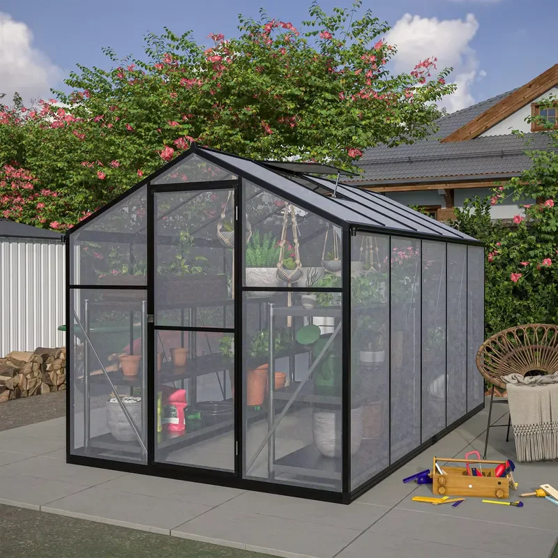 6x10 ft Walk-in Garden House Kit for Outdoor Backyard with Aluminum Frame Polycarbonate Cover Lockable Door and Adjustable
