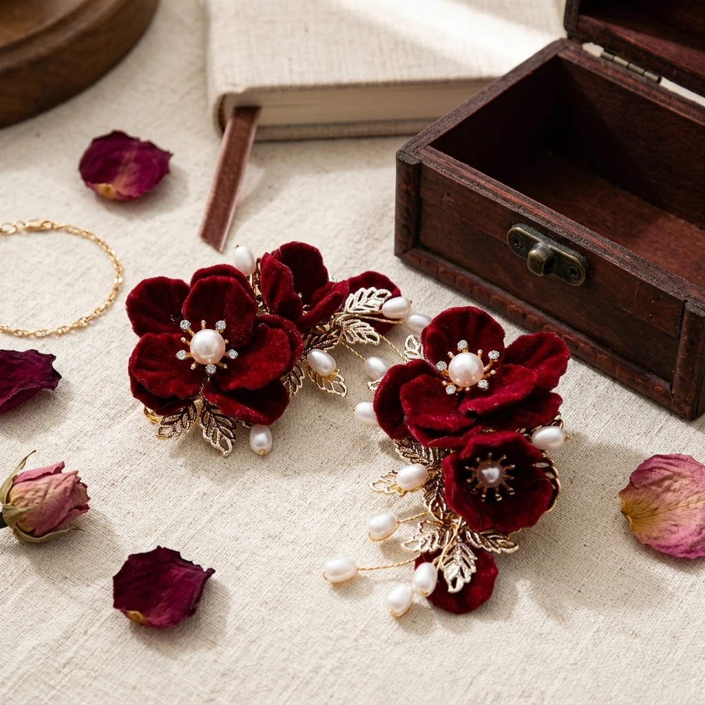 

2PCS Burgundy-Camellia Flower Hair Clips Alloy Anti-Slip Durable For Women Daily Wear And Special Occasions