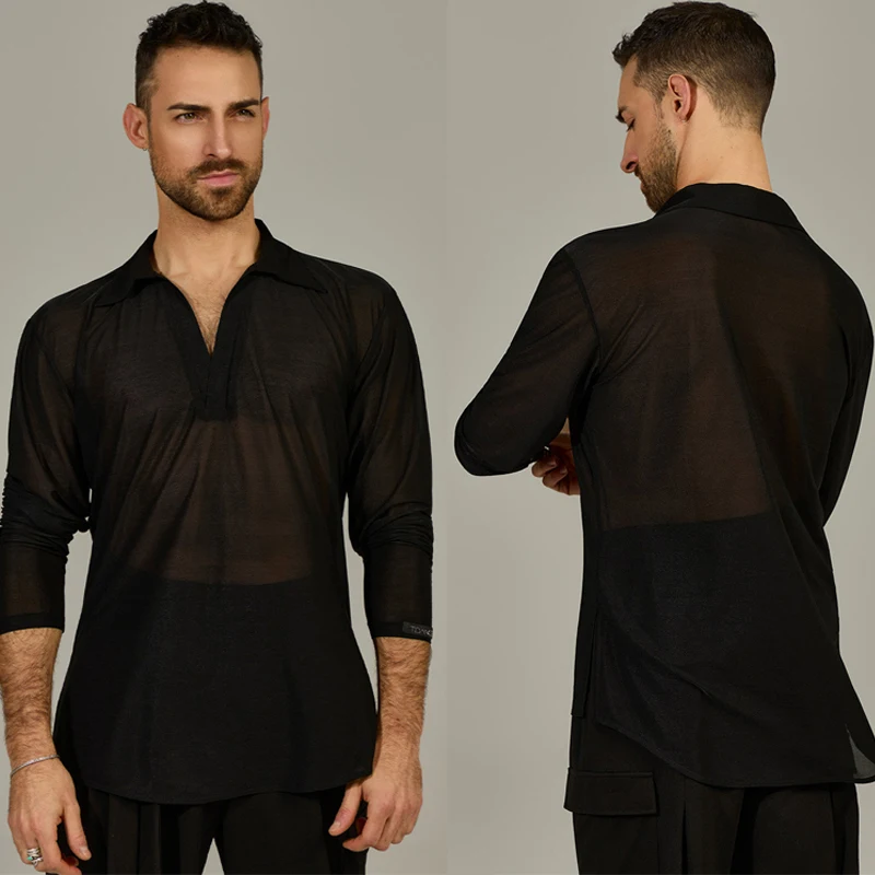 Men'S National Standard Latin Dance Shirt Adults Ballroom Dance Practice Tops Male Black Long Sleeves Modern Dance Wear SL16233