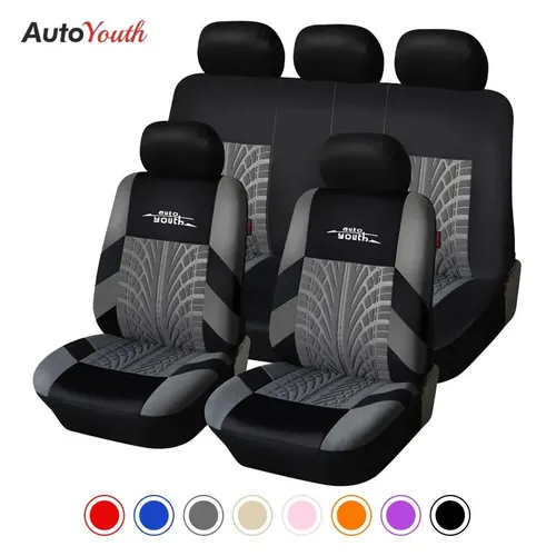 Imagen 1 del producto AUTOYOUTH-Conjunto de fundas de asiento de coche, protector de asiento universal con bordado para la mayoría de las cubiertas de coche, con diseño de pista de neumático, con estilo