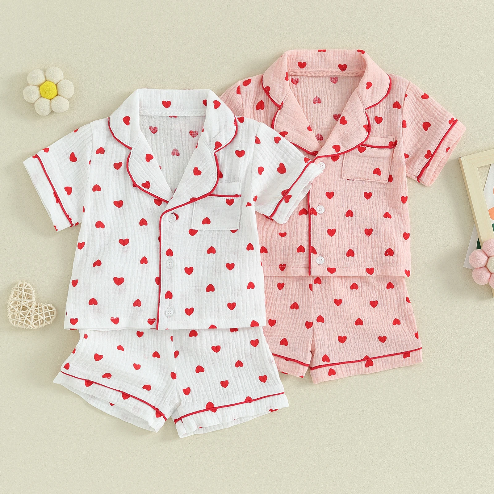 Citgeett Summer Valentine's Day Kids Toddler Baby Girl Pajama Set Button Short Sleeve Tops + Elastic Waist Heart Print Shorts