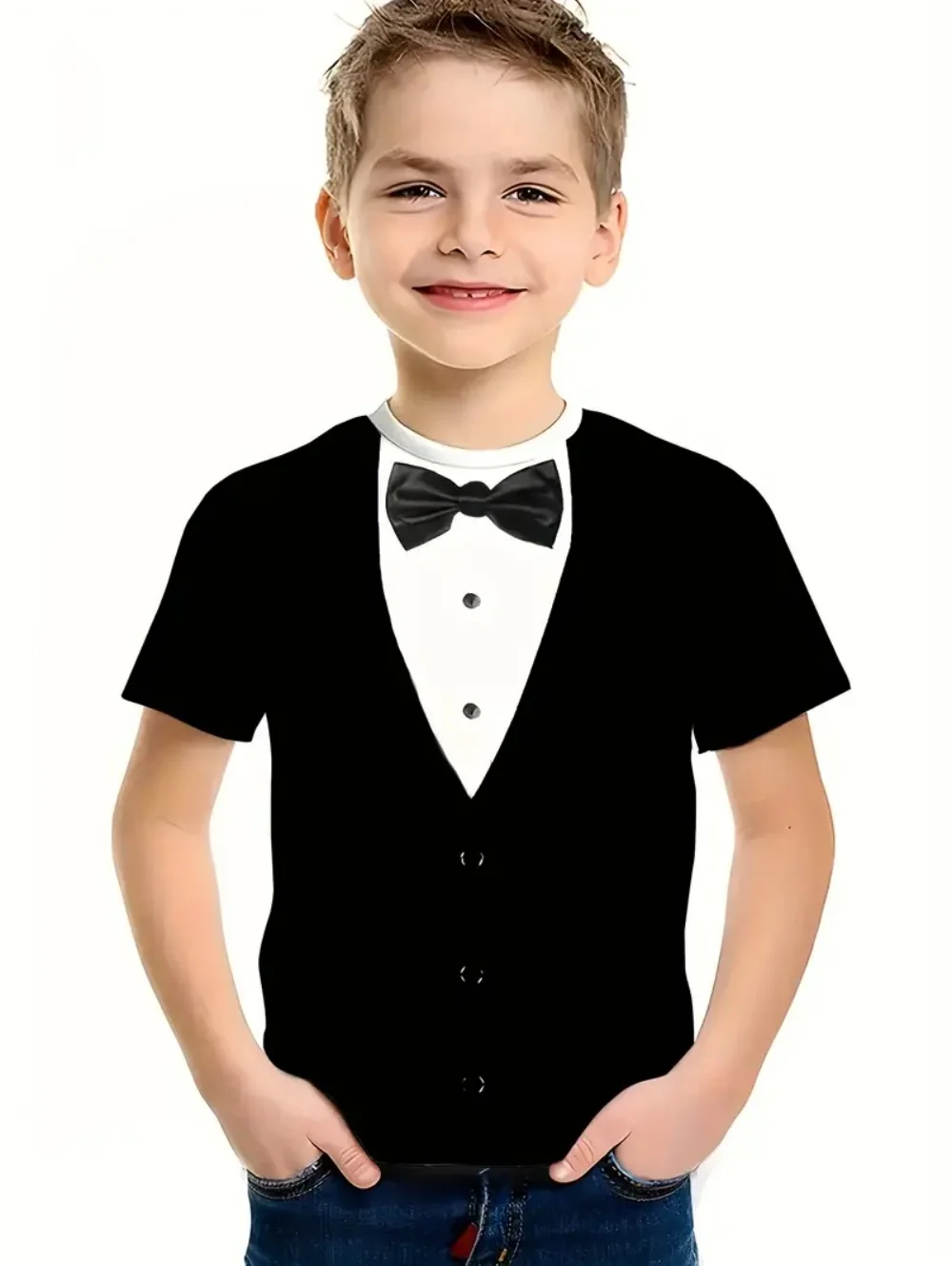 تي شيرت للأولاد بدلة وهمية مضحكة ثلاثية الأبعاد طباعة الصبي سهرة التعادل نمط بلايز الصيف Harajuku فضفاض الاطفال قصيرة الأكمام الجولة الرقبة تيز #4