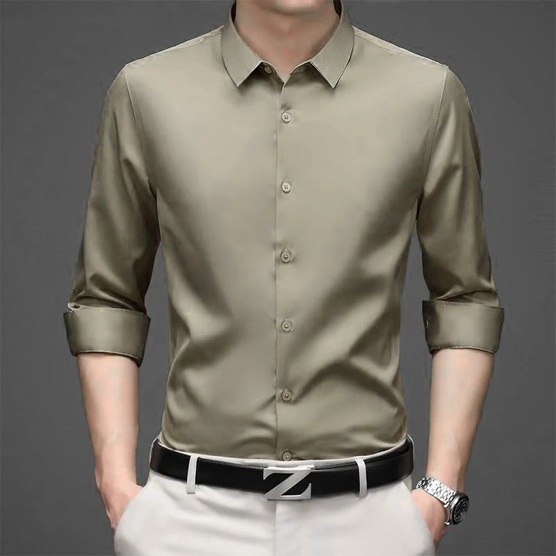 

Military Green Long Sleeve Shirt Men's Thin Ice Silk Anti-Wrinkle White Business Formal Shirt Autumn Fashion Urban Style