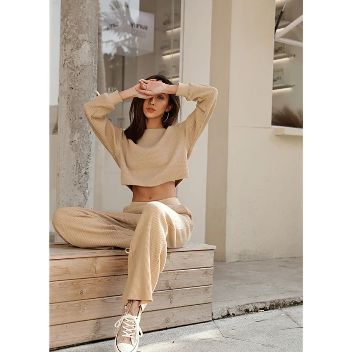 Fall/Winter 2023 New Fashion Solid Color Long Sleeve Sweater Tops Belly Pants Leisure and Elegant Women Suit Two-piece Set