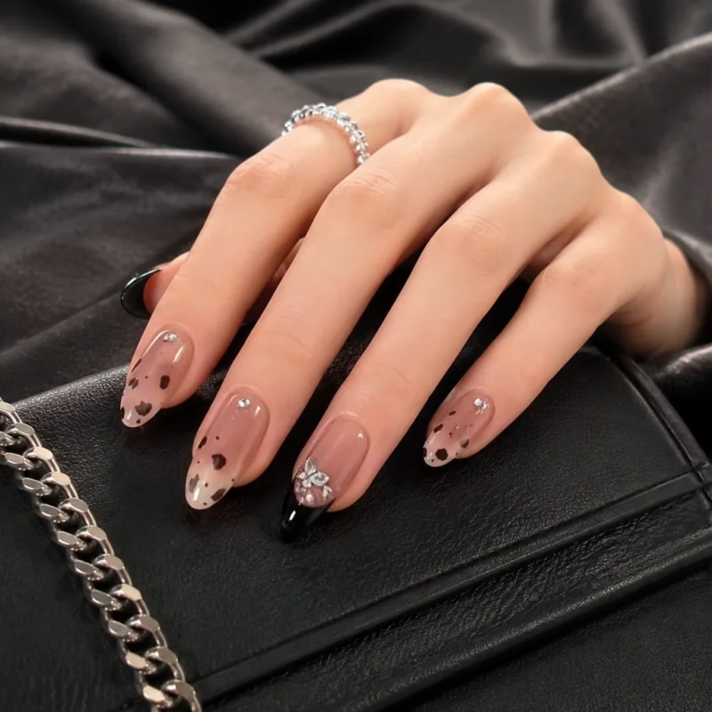 Nude Leopard Butterfly Almond Press On Nails 24Pcs 12 Sizes Reusable Fake Nails