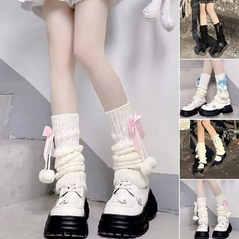 

Fashion Lolita Knitted Leg Warmers Thermal Bowknot Leg Covers Fleece Lined Pom-pom Leg Warmers