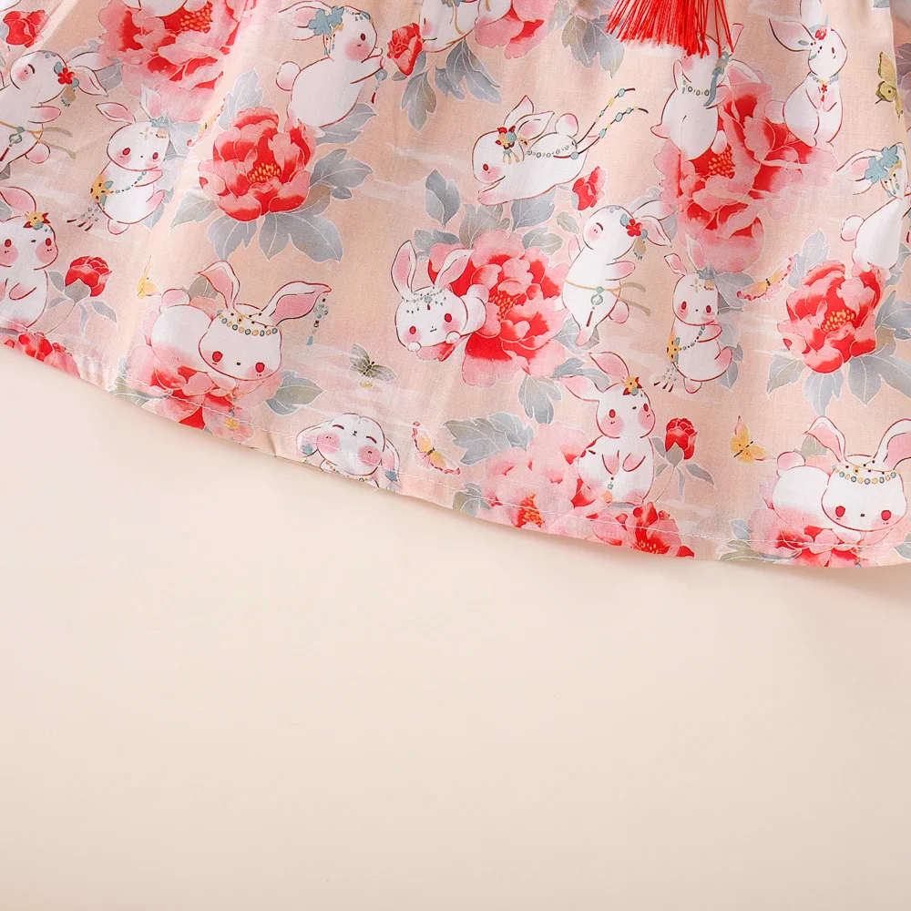 Summer Baby Girls Dress Chinese Style Flower Rabbit Dress Western Style Bow Girls Baby Dress (0-3 Years Old)