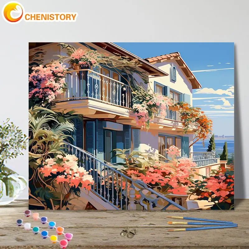 

CHENISTORY Picture By Number Small Villa Scenery Kits Painting By Number For Adults Drawing On Canvas HandPainted Gift Home Deco