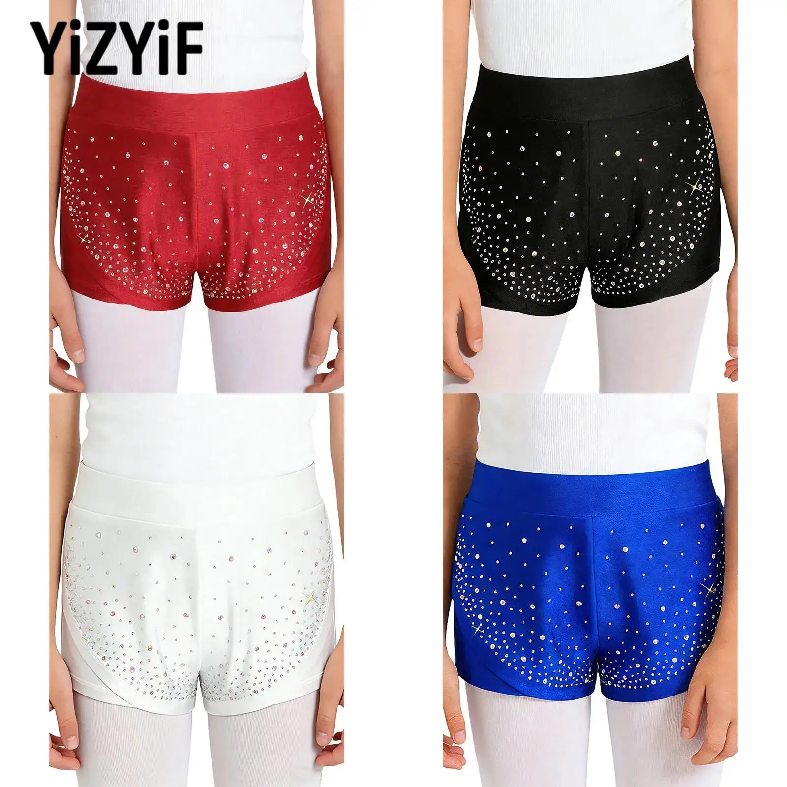 

Children's Gymnastics Figure Skating Ballet Dance Costume Girls Rhinestones Double-Layer Athletic Shorts for Stage Performance