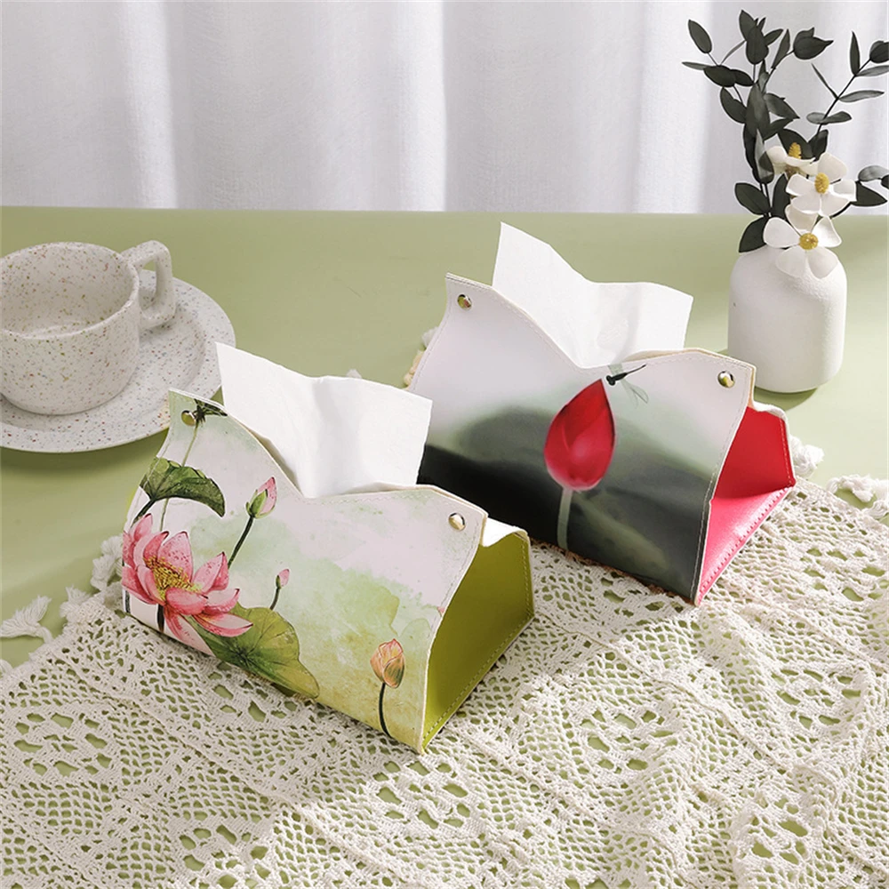 PU Leather Ink Painting Lotus Tissue Box Novel Dustproof Paper Towel Cover Napkin Holder Storage Case Home Kitchen Accessories