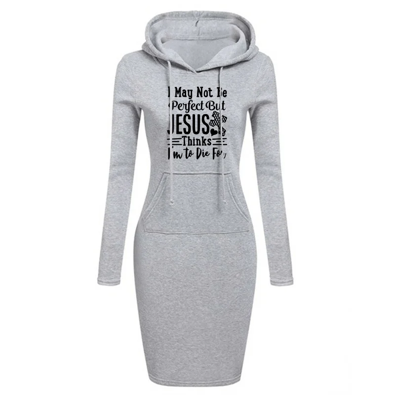 Abito midi semplice da donna in autunno e inverno, casual e confortevole, elegante e snellente, con tasche e felpa con cappuccio.