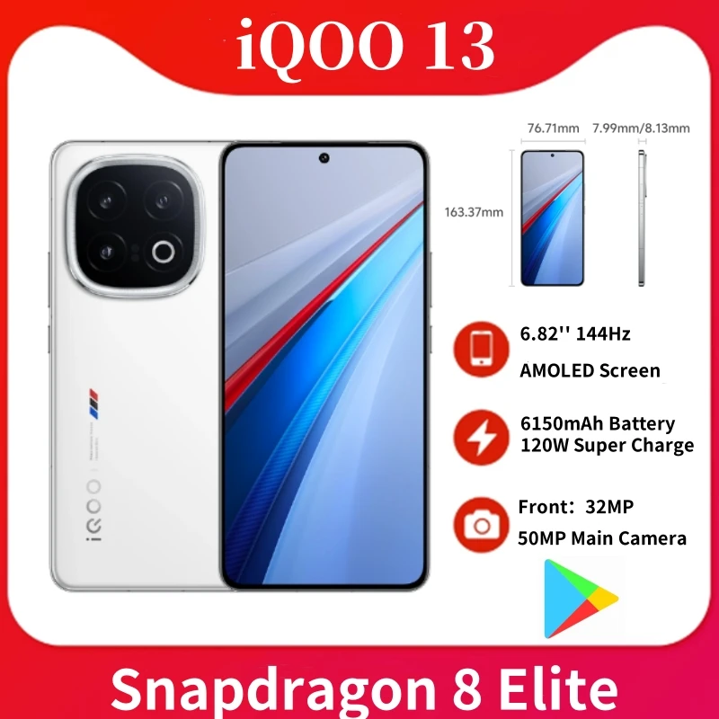 Original VIVO iQOO 13 Snapdragon 8 Elite 50MP Rear Camera OIS 6.82'' 2K Q10 144Hz 6150mAh 120W SuperVOOC Android 15 NFC OTA