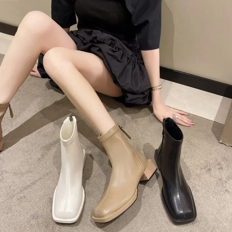 

New Fashion Ankle Boots for Women High Heels Chunky Platform Square Toe White Sole Zipper Young Lady Booties 2023 Casual Simple