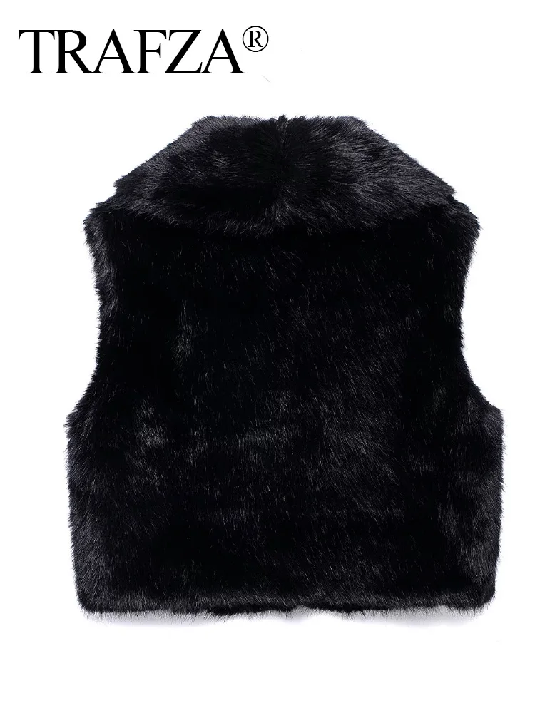 TRAFZA Women Autumn Winter Turn-down Collar Sleeveless Chic Vest Top Woman Fashion Side Pockets Artificial Fur Solid Vest Coat