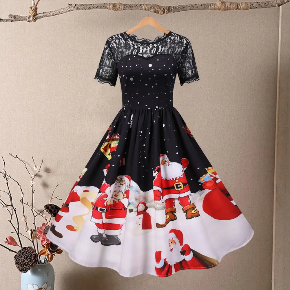 Women Christmas Dress Cartoon Santa Print A-line Big Swing Holiday Party Dress See-through Lace Patchwork Pleated Party Dress