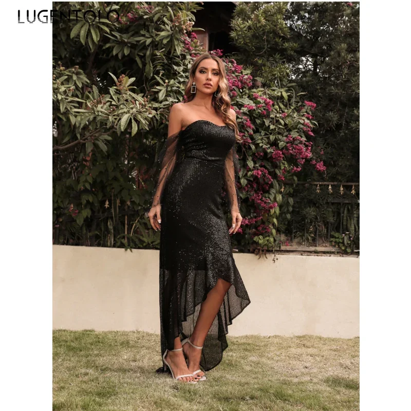 

Women Sexy Dress Fashion Sequin Mesh Party Stitching Chest Wrap Spring Summer Mermaid Black Slim Empire Long Clothing