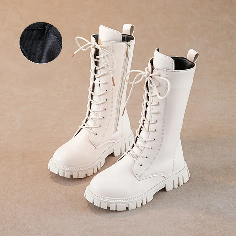 Spring Autumn Children\'s Long Boots Matte PU Leather School Boots for Girls Fashion Causal Kids Princess Black Beige High Boots