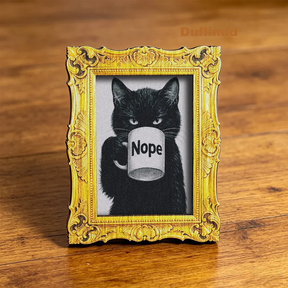 Vintage Golden Ornate Frame Black Cat Nope Coffee Cup Wooden Fridge Magnet, Funny Retro Gothic Refrigerator Magnet Kitchen Home