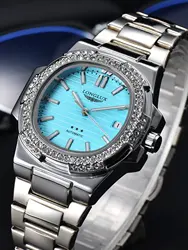 Reloj LONGLUX automático para hombre, reloj con diamantes, relojes mecánicos de lujo de acero inoxidable al por mayor, reloj resistente al agua con fecha y día para hombre