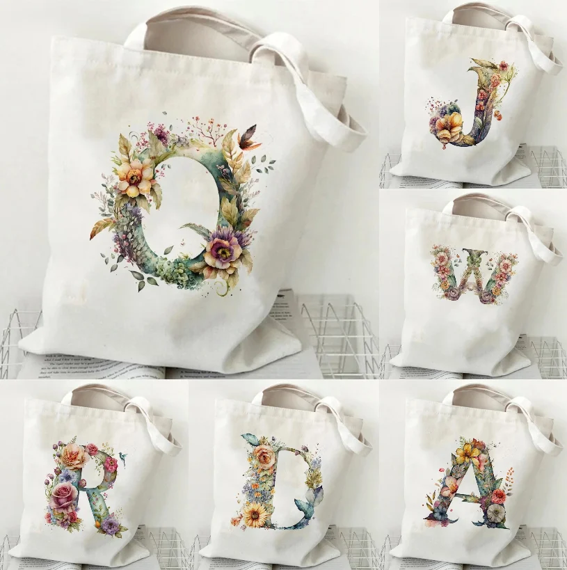 

Woman Handbags 26 Alphabet A-Z Flower Graphic Shoulder Bags Shopper Canvas Large Capacity Tote Female Student Shopping Bags