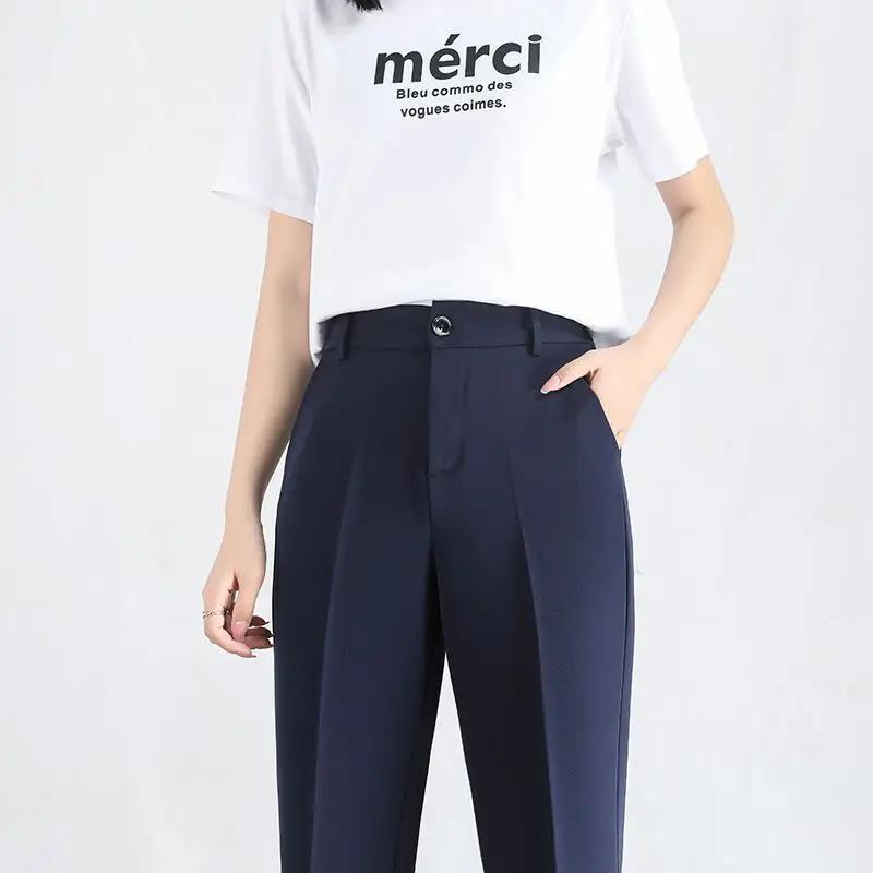 Spring and Autumn Women's Straight Barrel High Waist Pants Slim Fit Comfortable Slim Casual Fashion Three Commuter Pants