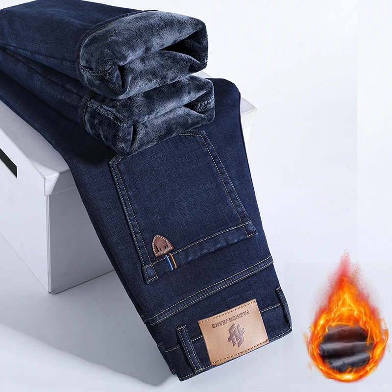 Winter Velvet Warm Jeans Men's Business Thick Work Pants Fashion High Waist Stretch Wool Straight Pants Brand Men's Hot Pants