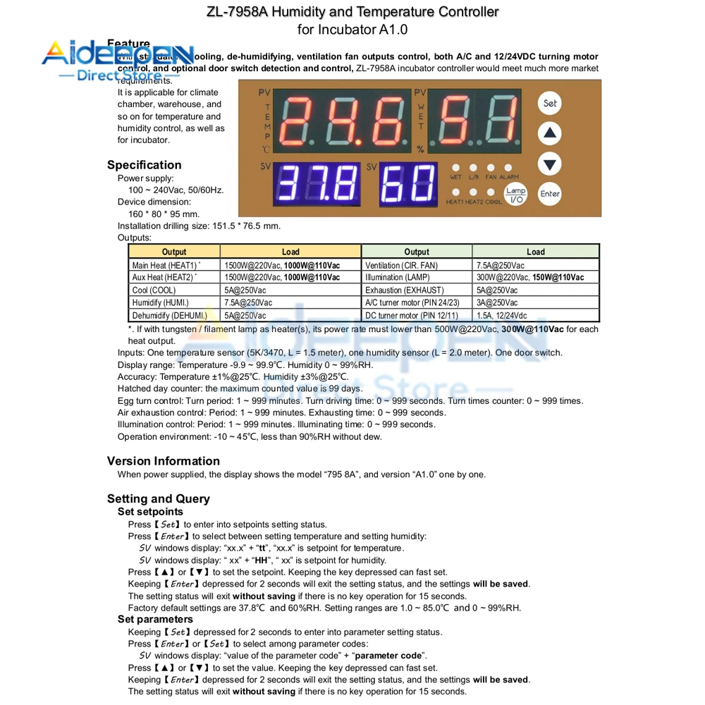 AC 100-240V ZL-7958A Multifunctional Incubation Controller Intelligent Temperature Humidity Temperature and Humidity Controller