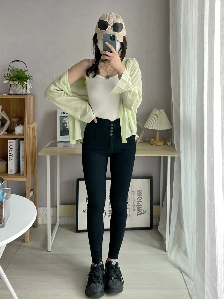 

SA Little Tree Four Season High Waist Slim Fit Elastic Pencil Jeans Super Model Ultra Long Legs Four Button Denim Skinnies