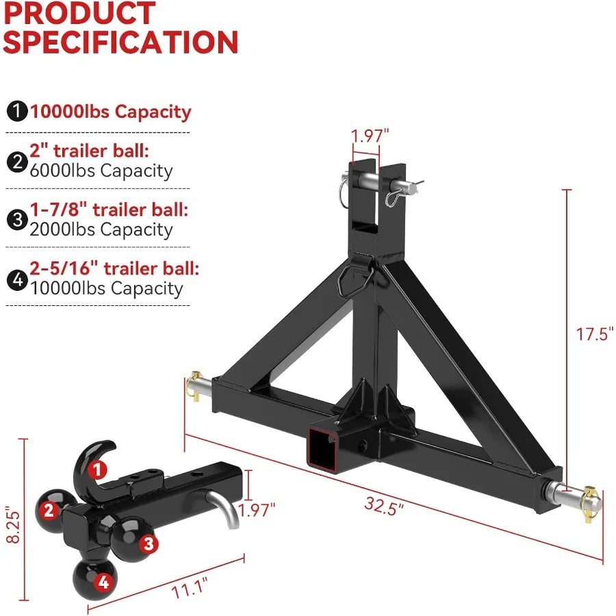 Heavy Duty 3 Point 2 Trailer Hitch Receiver and Towing Ball Hitch with Hook for Tractor Drawbar Quick Attach Compatible with Ca