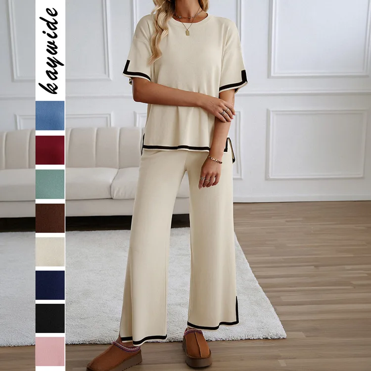 

Spring/Summer Casual Solid Color Short Sleeve Knitted Pajama Set Fashion Pants Sweater And Wide Leg Pants Sportswear 2-Piece Set