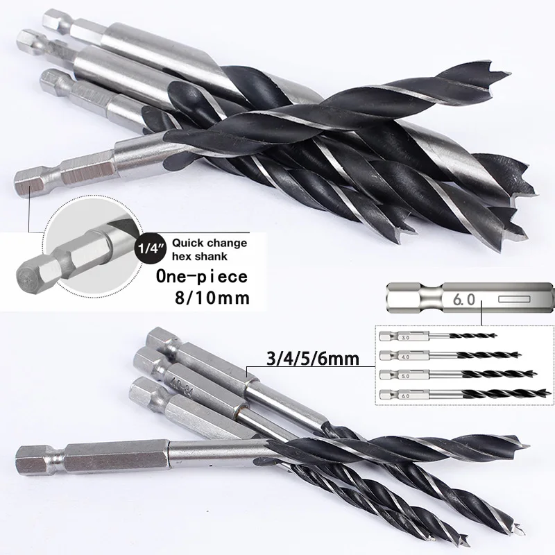 1/4 Hexagonal Handle Three Pointed Woodworking Drill Bit and Depth Stop Positioner Ring Set Woodworking Hole Reaming Power Tool