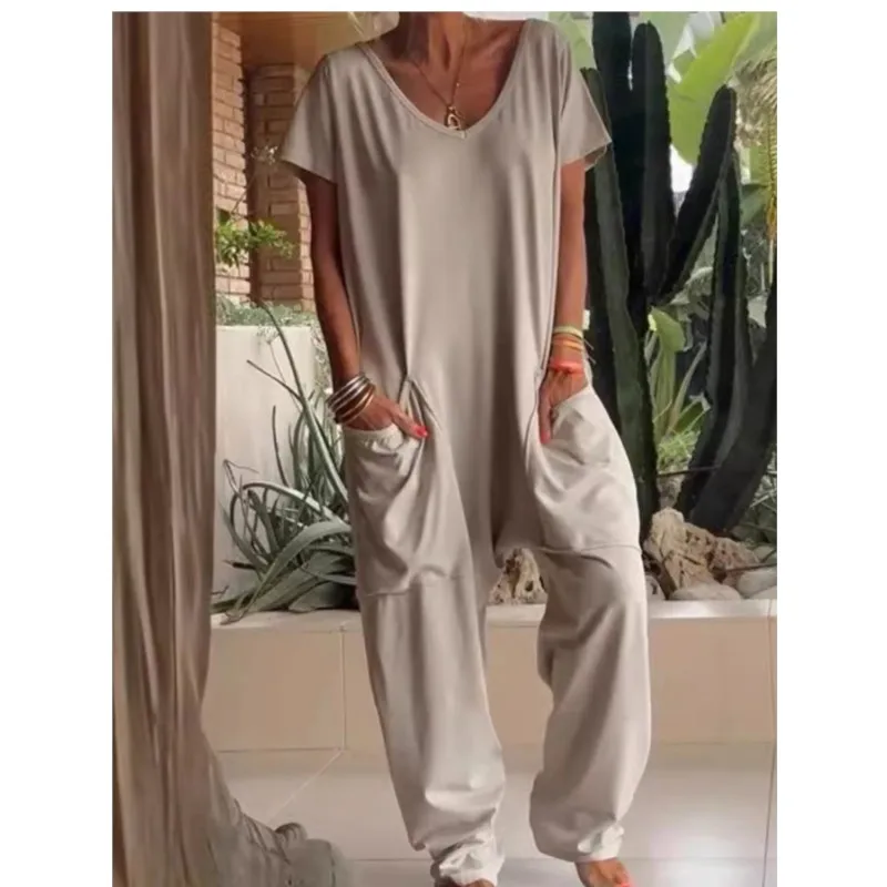 Streetwear Fashion Women Summer New Loose Jumpsuits Solid Color Casual Short Sleeves V Neck Pockets Long Pants Lady Daily Romper