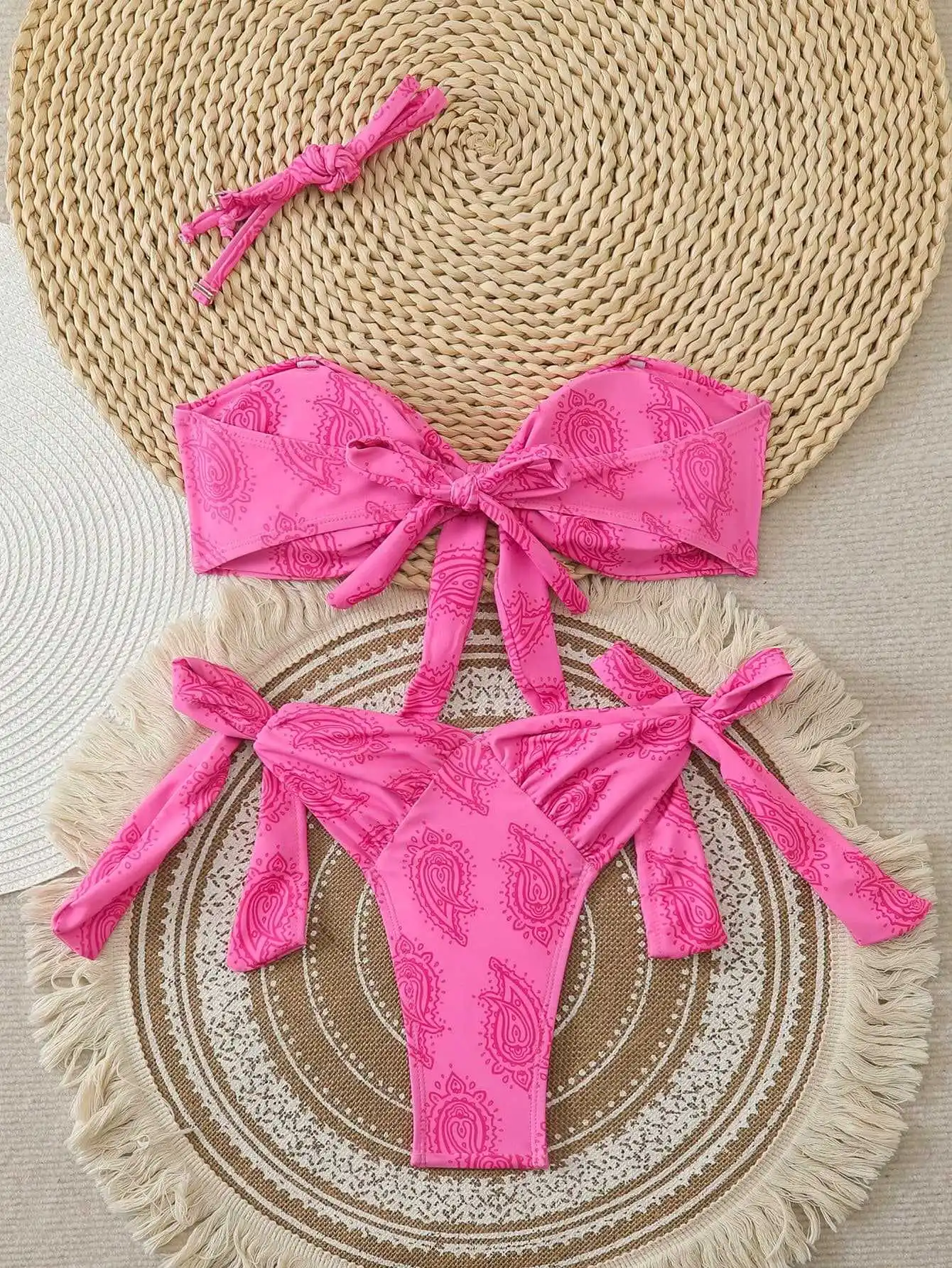 sexy pink bandeau front tie bikinis sets two pieces thong high waist swimsuits bathing suit swimwear biquini tankini trikini