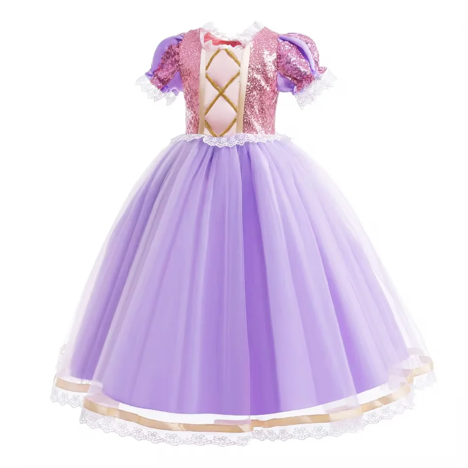 Girl Rapunzel Dress for Kid Halloween Princess Cosplay Costume for Birthday Party Gift Purple Sequins Mesh Clothing