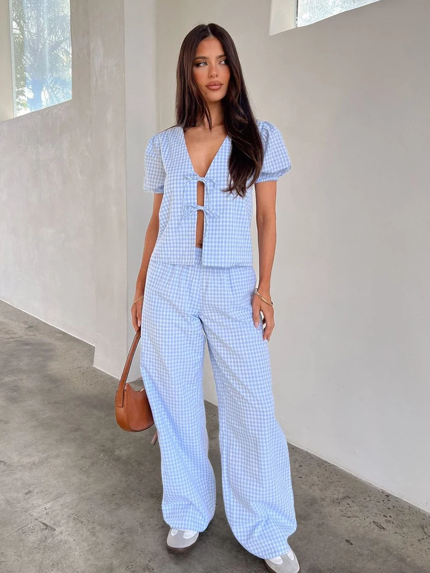 Marthaqiqi Plaid Causal Women Sleepwear Suit V-Neck Pajamas Short Sleeve Nightgowns Crop Top Nightie Pants Ladies Nightwear Sets