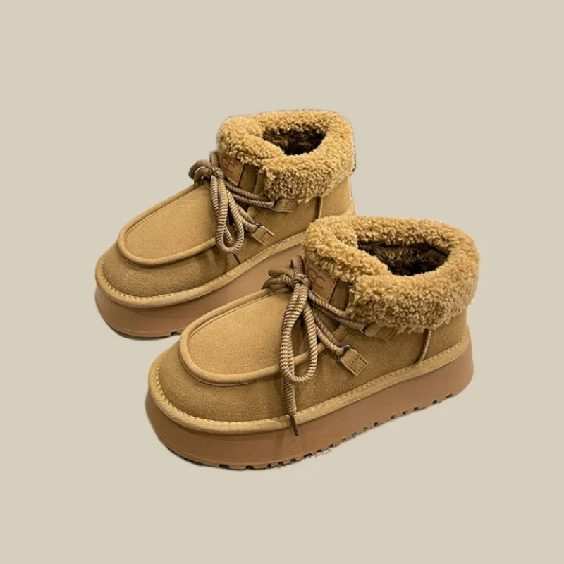 2024 autumn and winter new lace-up thick soled soft fur one snow boots for women to increase and cashmere warm cotton shoes