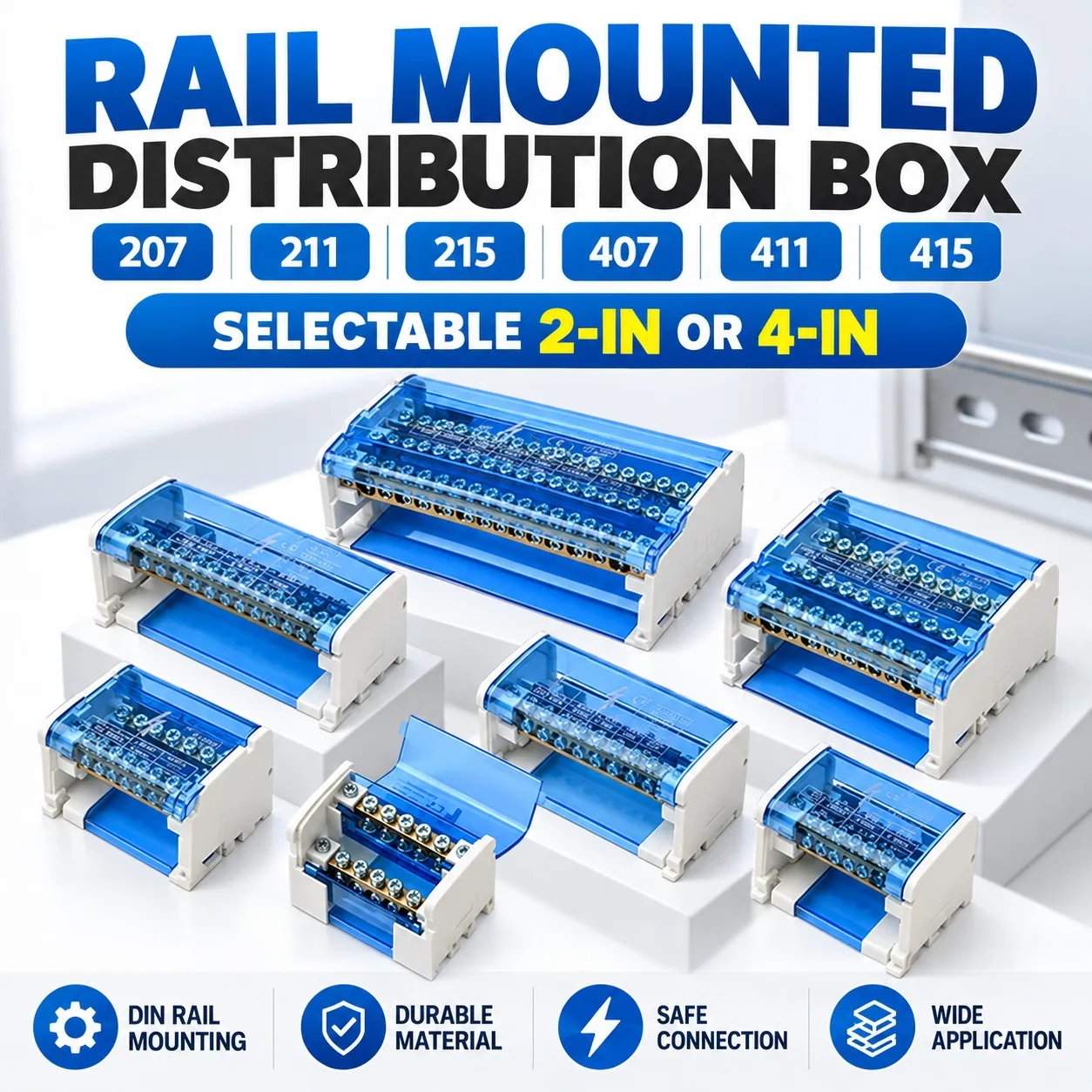 UK207 UK211 UK215 UK407 UK411 UK415 DIN Rail Terminal Block 125A Electrical Junction Box 1 In 2/4/6 Out Power Distribution Box