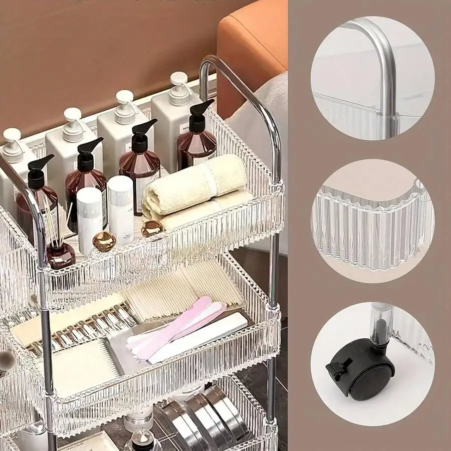 3/4-Tier Acrylic Multi-Use Rolling Cart, Modern Clear Design With Alloy Handle & 360° Wheels + Hanging Storage, Portable Organiz