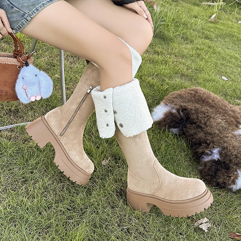 

2025 новые модные зимние теплые хлопковые женские сапоги до колена, современные длинные сапоги в стиле панк, женская обувь на толстом каблуке