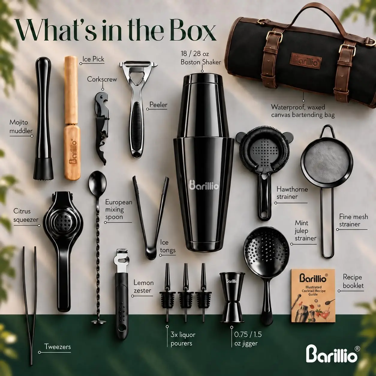 Bartender Kit Bag with Black Cocktail Shaker Set - Waxed Canvas, Traveling Bar Tools Bag with 17-Pc Cocktail Kit - Travel Mixolo