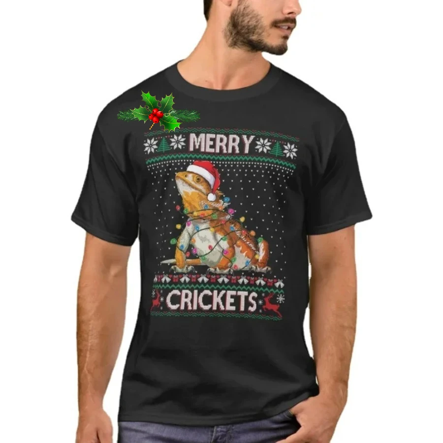 Merry Crickets Bearded Dragon Ugly Christmas Sweater T-Shirt 100% Cotton O-Neck Short Sleeve Casual Mens T-shirt Size S-3XL