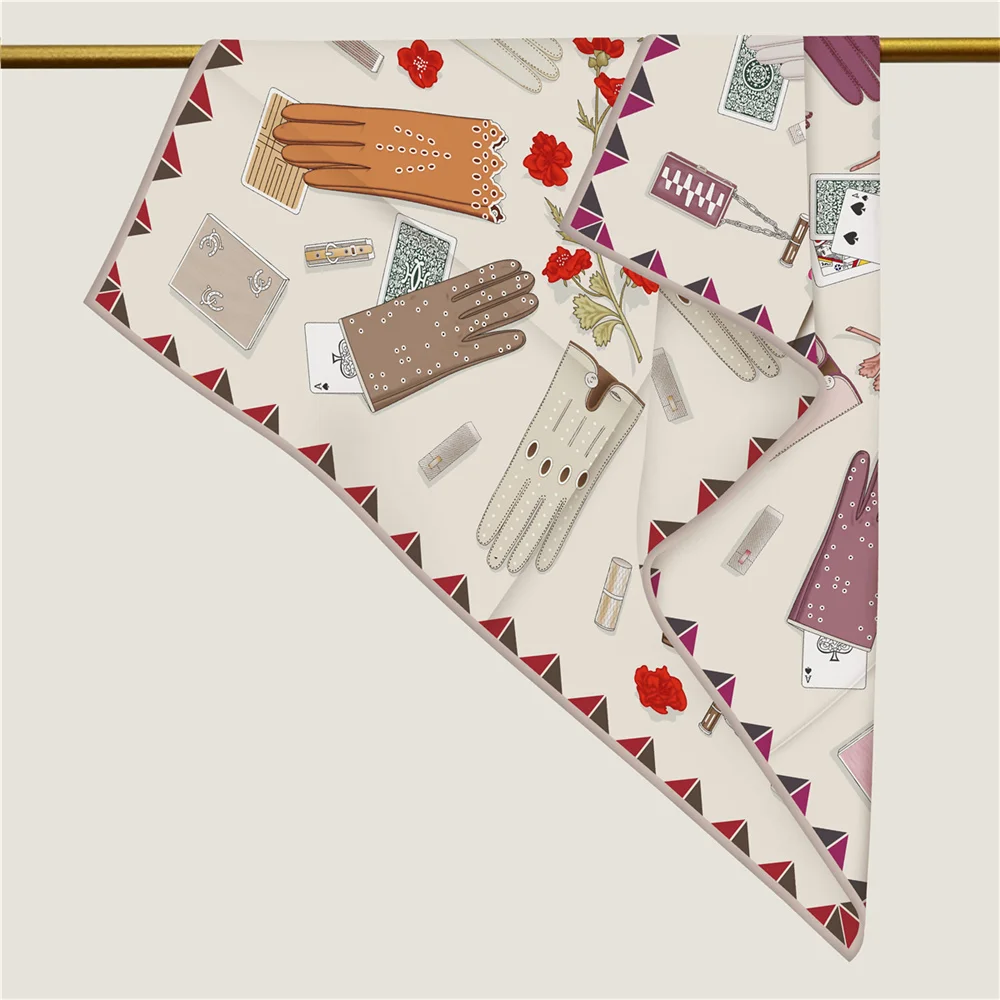 POBING Handgerollter Twill-Seidenschal für Damen, magische Handschuhe, doppelt bedruckte quadratische Schals, Wraps, Echarpes, Foulards, Femme, Hijab, 90 cm – Detail 12