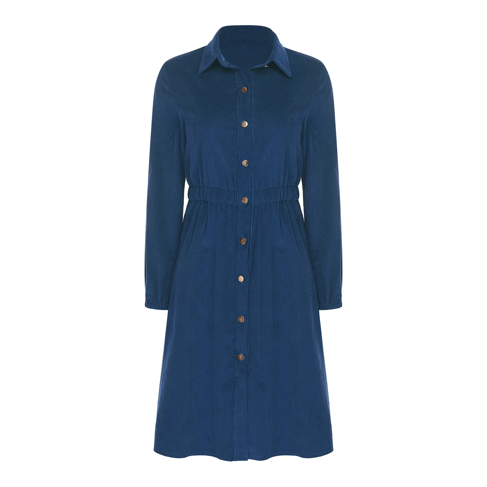 

Women Corduroy Shirt Dress Lapel Long Sleeve Front Button Elastic Waist Knee-length Jacket Dress for Office Getaway Daily Casual