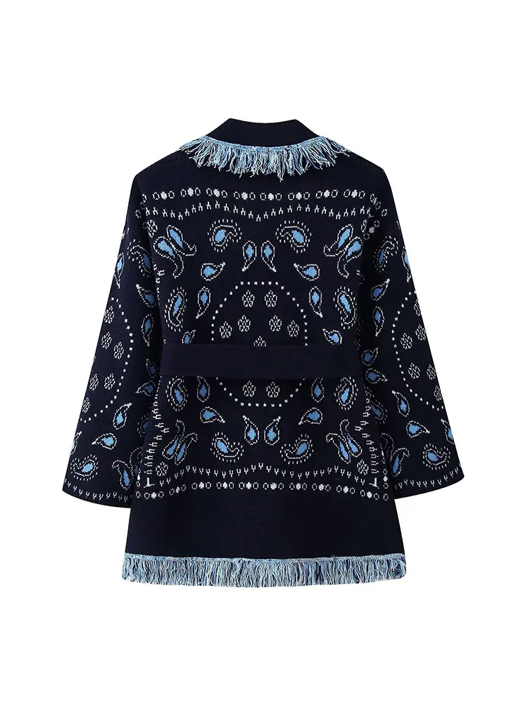 เสื้อแจ็คเก็ตถักสไตล์วินเทจสำหรับผู้หญิง แขนยาว แต่งพู่ ปลายเปิด มีเข็มขัด สไตล์ Y2K ﻿