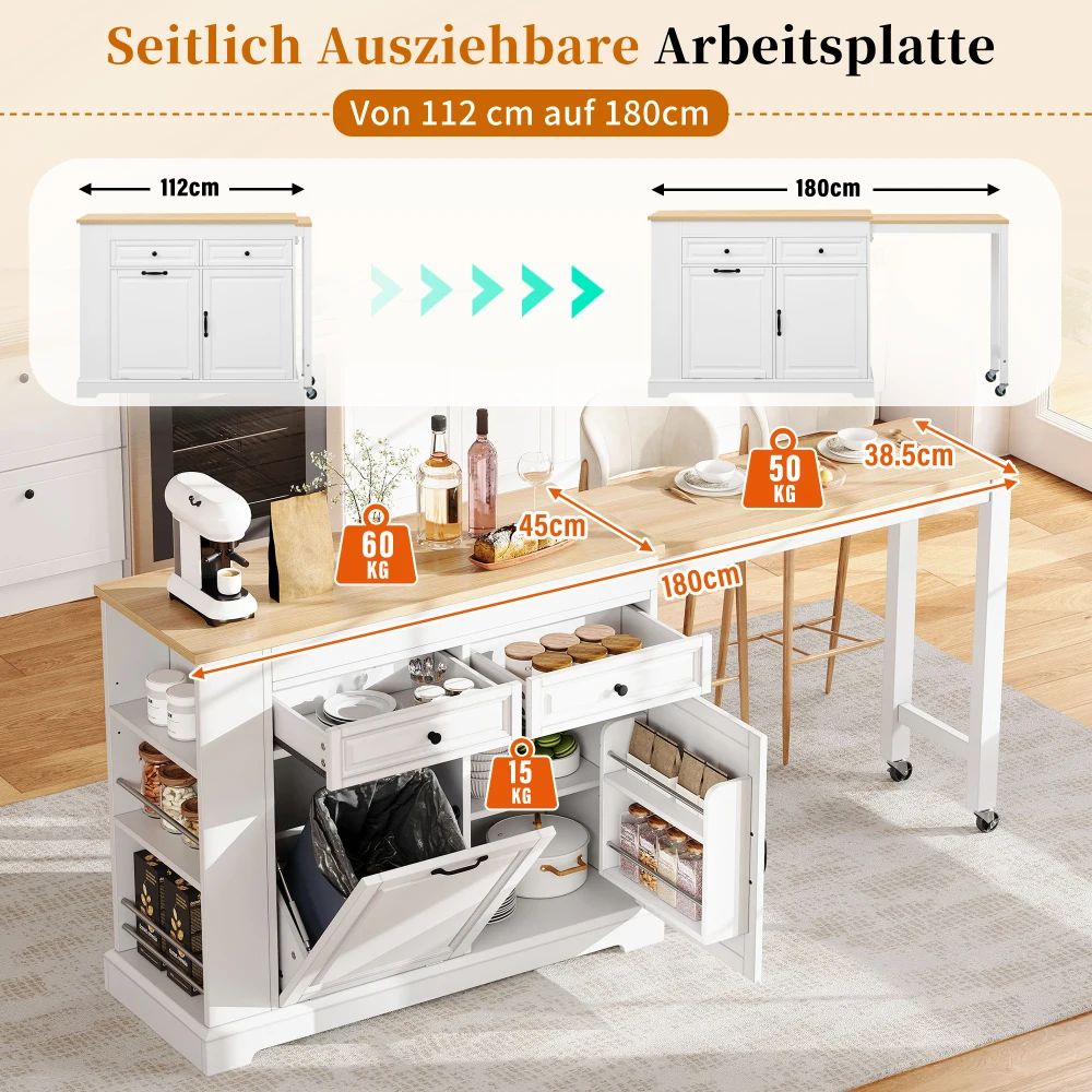 Picture 7: Multifunctional Mobile Kitchen Island on Rollers, Freestanding Extendable Kitchen Island with Pull-out Extractable Dining Surface, Hidden Trash Bin and Multiple Drawers, Practical Rolling Storage Unit for Kitchen & Dining Room