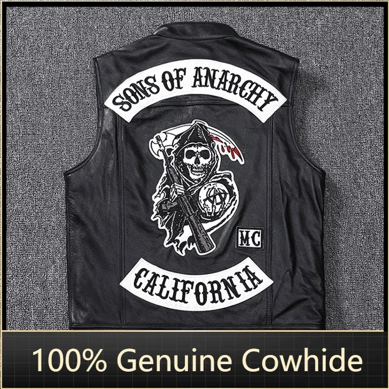 Men Genuine Top-Grade Cowhide Leather Vest Sleeveless Biker Jacket Sons of Anarchy Punk Rock Motorcycle Waistcoat Cosplay Fashio